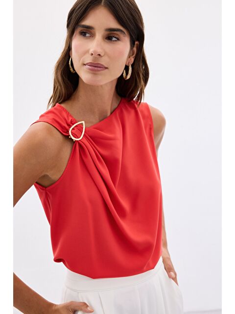 SATEEN Tek Omuz Detaylı Bluz - Kırmızı - S000384928-20045