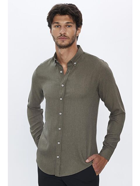 TUDORS Slim Fit Uzun Kollu Düğmeli Yaka Kışlık Yün Viskon Düz Gömlek