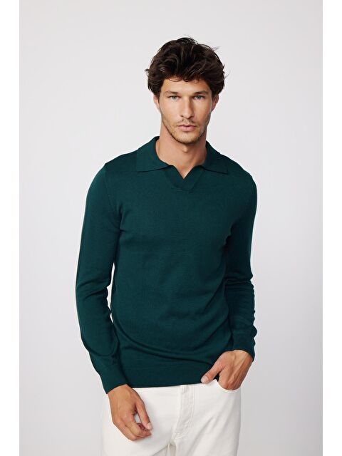 TUDORS Erkek Standart Fit Normal Kesim Polo V Yaka Yeşil Triko Kazak - S000063587-18194