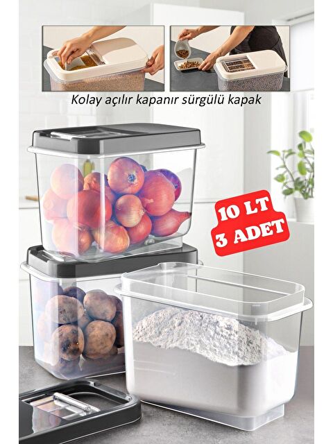 Nandy Home 3 Adet 10 LT Kolay Kayar Kapaklı Multibox Erzak Bakliyat, Saklama Kabı Antrasit - S000008140-29666