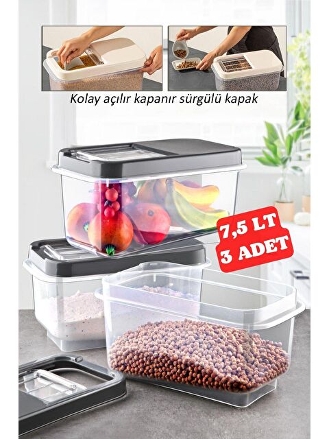 Nandy Home 3 Adet 7,5 LT Kolay Kayar Kapaklı Multibox Erzak Bakliyat, Saklama Kabı Antrasit - S000008141-29666