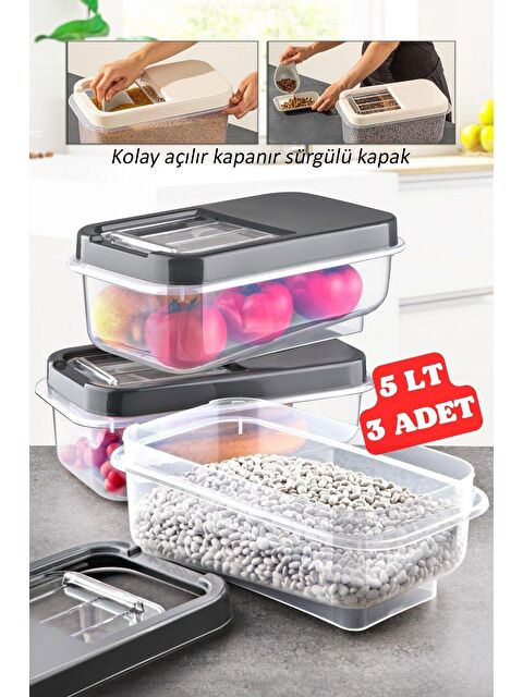 Nandy Home 3 Adet 5 LT Kolay Kayar Kapaklı Multibox Erzak Bakliyat, Saklama Kabı Antrasit - S000008142-29666