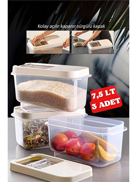 Nandy Home MultiBox 7,5 Lt Kolay Kayar Kapaklı Çok Amaçlı Erzak, Bakliyat, Saklama Kabı 3 Adet Krem - S000008145-19965