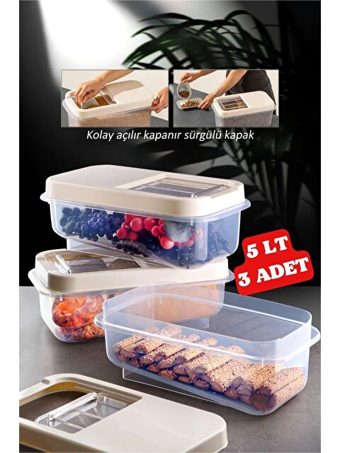 Nandy Home MultiBox 5 Lt Kolay Kayar Kapaklı Çok Amaçlı Erzak, Bakliyat, Saklama Kabı 3 Adet Krem - S000008143-19965