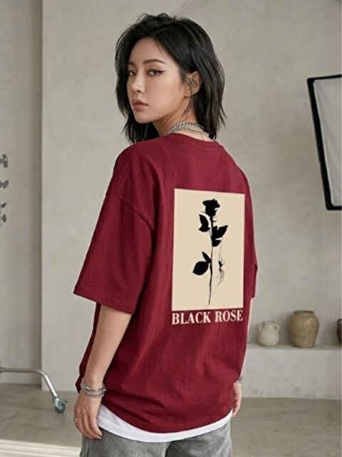 Trendseninle Bordo Black Rose Baskılı Tişört - S000523841-19951