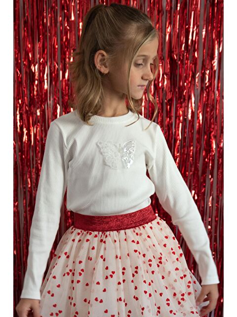 Breeze Kız Çocuk Uzun Kollu Tişört Kelebek Arma Detaylı Pullu İncili Ekru (8-14 Yaş) - S000490144-19965