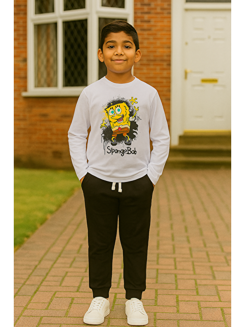 For You Kids 4'lü Sünger Bob Baskı Lacivert Tshirt Şort Pantolon Takım - S000110870-21164