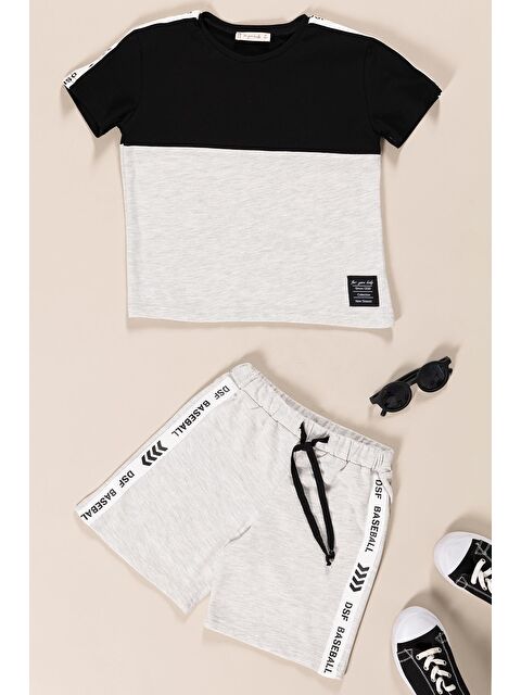 For You Kids Etiket Ve Şort Yanı Baseball Baskı Detaylı Erkek Çocuk T-Shirt Şort Takım | Gri Siyah - S000422950-20600