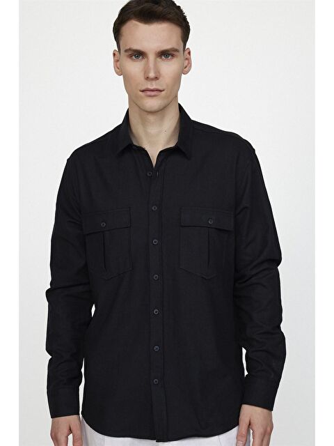 TUDORS Klasik Fit Çift Cep Pamuk Keten Erkek Siyah Gömlek