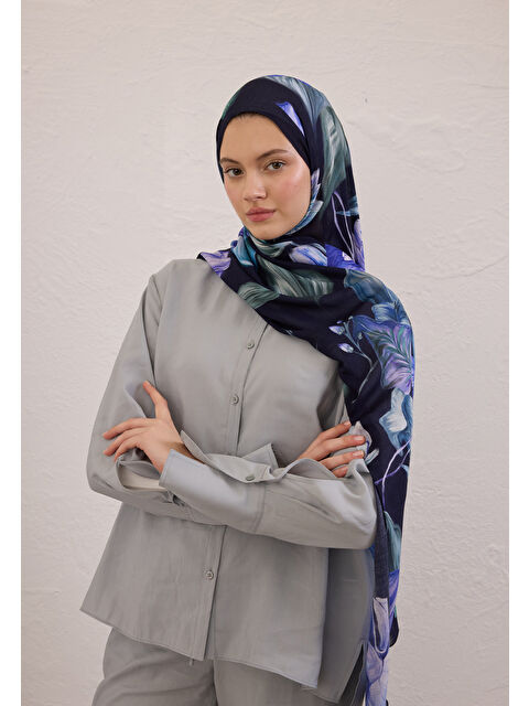 Fresh Scarfs Elegant Flower Desen Rami Şal Lacivert