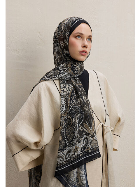 Fresh Scarfs Dark Bohemy Desen İpek Krep Şal Siyah