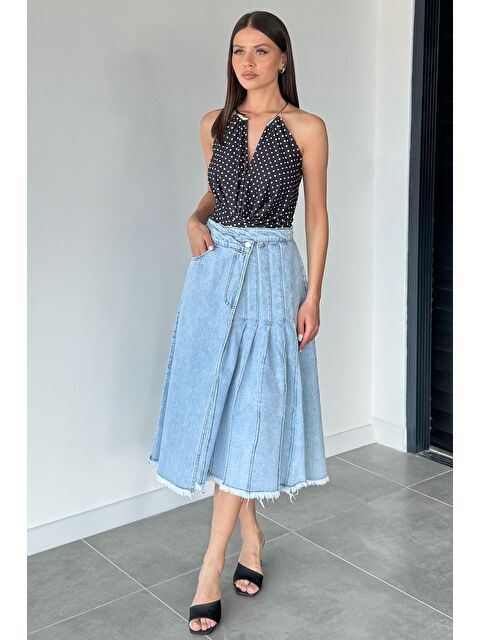 Gülseli Kadın Pileli Ve Püsküllü Jean Jean Etek