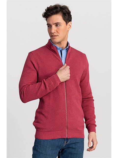 TUDORS Desenli Yarım Balıkçı Yaka Fermuarlı Erkek Bordo Hırka