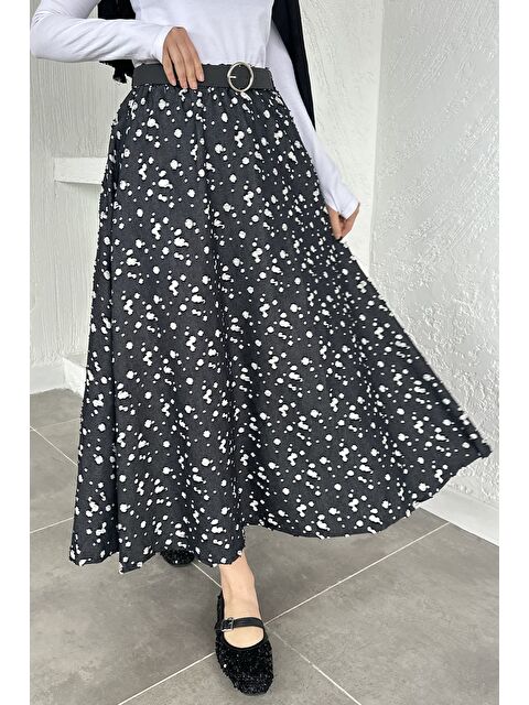 Julude Gülseli Bel Lastikli Astarlı Tesettür Jean Etek