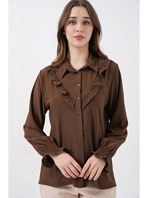 Bigdart 20223 Fırfırlı Uzun Kol Gömlek - Kahverengi