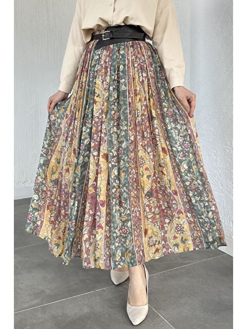 Julude Perry Bel Lastikli Piliseli Desenli Tesettür Etek