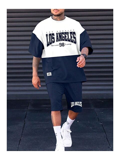 Trendseninle Lacivert LosAngeles 98 Baskılı Oversize Şortlu Erkek Takım - S000207033-21164