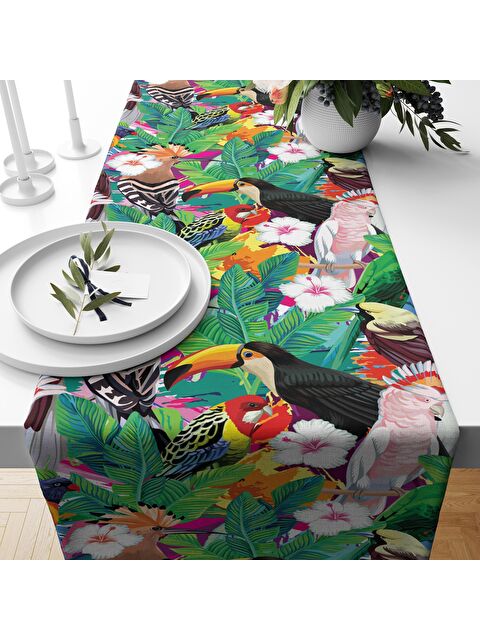 Evmila Çiçek Ve Papağan Desenli Kadife Runner  40x140 cm - S000087721-23173