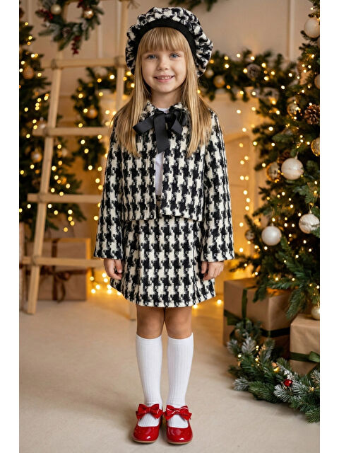 Parla Kids Kız Çocuk Santa Siyah Beyaz Ekose Alt Üst Etek Ceket Kepli Yılbaşı Takım - S000485819-37424