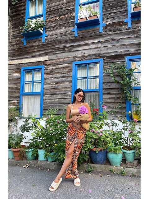 For You Moda Önden Bağlama Detaylı Şifon Leopar Etek - S000065910-19351