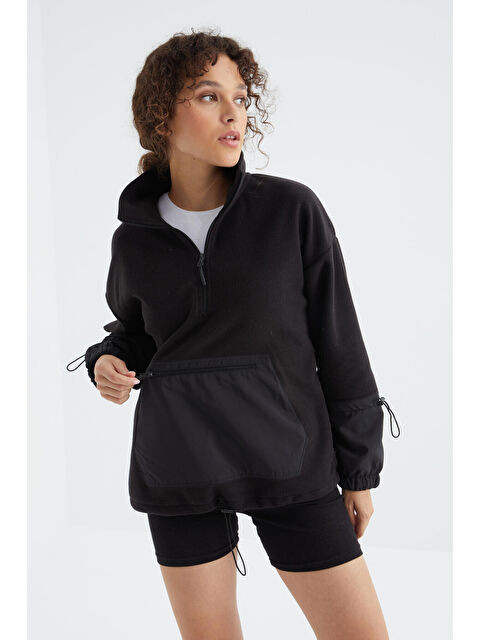 Tommylife Siyah Etek Ucu Büzgülü Yarım Fermuarlı Oversize Kadın Polar Sweatshirt - 97238 - S000194211-19351