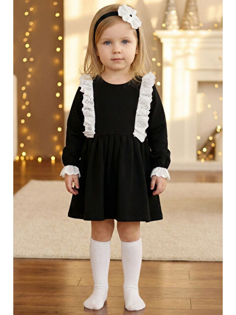 Parla Kids Kız Çocuk Elena Siyah Uzun Kollu Bisiklet Yaka Fisto Dantel Detaylı Elbise Saç Bandı Takım - S000466133-19351