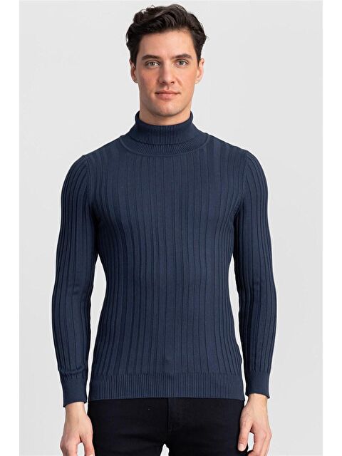 TUDORS Slim Fit Tam Balıkçı Yaka Erkek İndigo Kazak - S000042908-23093