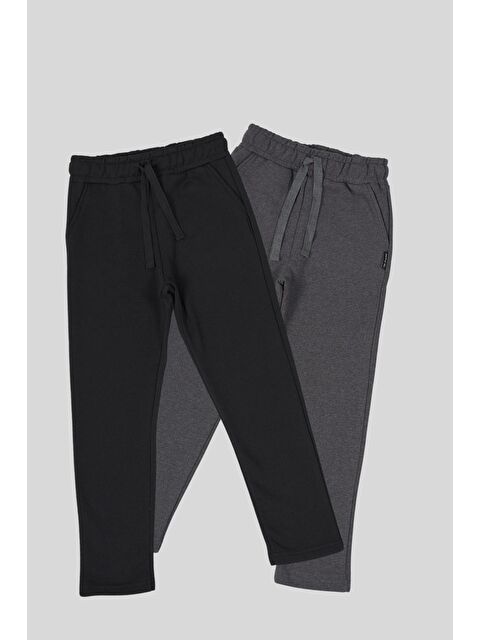 Mmetalic Siyah-Antrasit Kalın Pamuklu Beli Lastikli Yan Cepli 2'li Erkek Çocuk Eşofman Altı - S000266330-37421