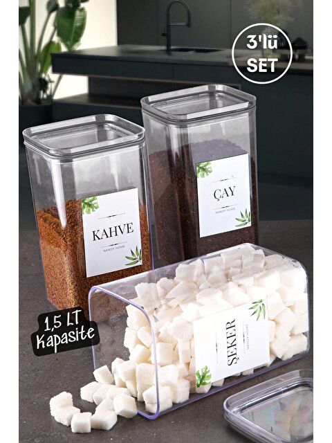 Nandy Home Dekoratif Kare 1,5 Lt Vakum Kapaklı 3'Lü Set Çay, Şeker ve Kahve Saklama Kutusu - S000013193-23173
