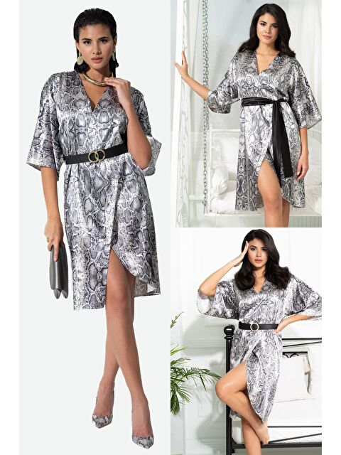 For You Moda V Yaka Yılan Desen Kemerli Siyah Saten Sabahlık Elbise - S000065934-19351