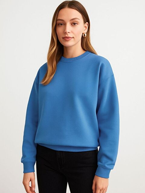 Trendseninle Kadın İndigo Mavi Düz Bisiklet Yaka Sweatshirt - S000241339-17234