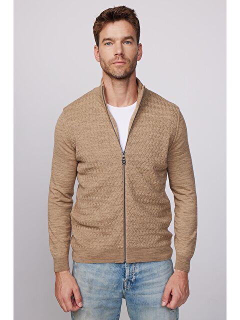 TUDORS Slim Fit Desenli Dik Yaka Fermuarlı Ekru Erkek Hırka