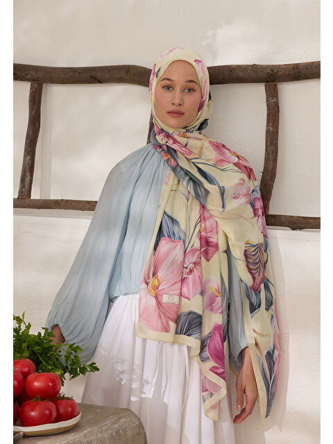Fresh Scarfs Elegant Flower Desen Rami Şal Soft Sarı