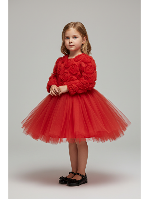 Magu Kız Çocuk Kırmızı 3D Gül Aplikeli Tül Abiye Elbise – Özel & Yılbaşı - S000480509-20045