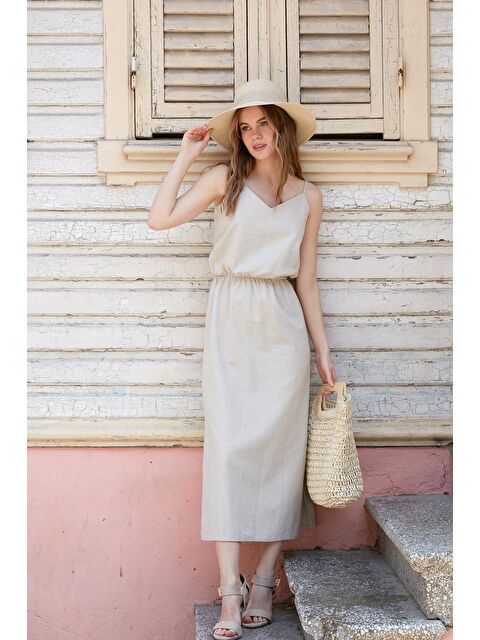 Lela V Yaka İp Askılı Çift Yırtmaçlı Keten Uzun Elbise 6051292 - S000008694-19928