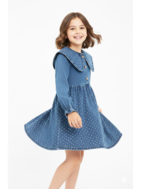 Modanino Kız Çocuk Taş Süslemeli ve 3 Düğme Kapatmalı Jean Elbise 12444 - S000480523-23093