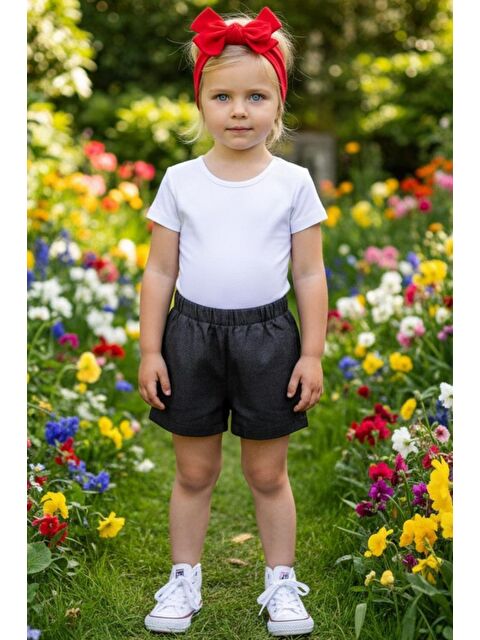 Parla Kids Kız Çocuk Lacivert Jean Şort Kırmızı Dev Fiyonk Bandana - S000480525-29672