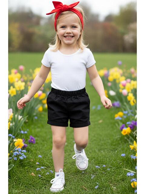 Parla Kids Kız Çocuk Siyah Jean Şort Kırmızı Dev Fiyonk Bandana - S000480525-19351