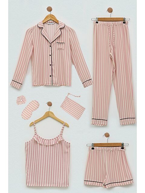 For You Kids 7'Li Viskon Biyeli Çizgili Fuşya Pijama Takımı - S000011462-18686