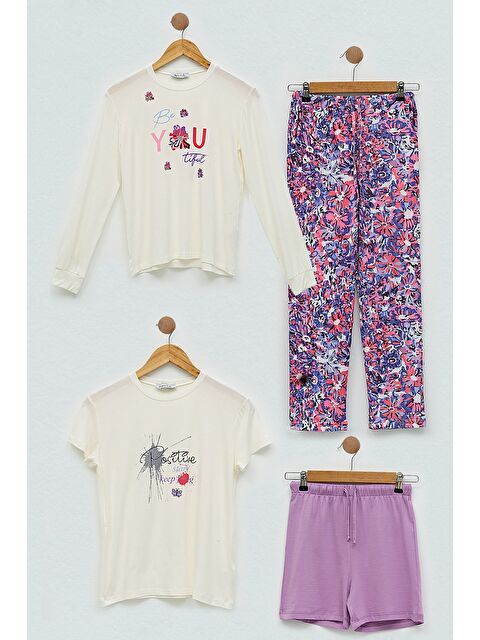 For You Kids 4'Lü You Çicek Baskılı Lila Pijama Takım - S000011460-17878