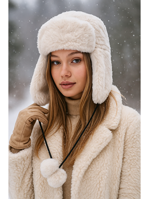 Luminos Butik Kadın Bej Kürklü Kulaklıklı Pelüş Şapka Bere1103 - S000250966-19928