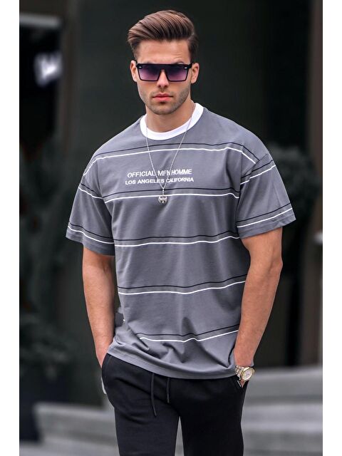 Madmext Bisiklet Yaka Füme Çizgili Regular Fit Erkek %100 Pamuk Tişört 6063 - S000015966-33408