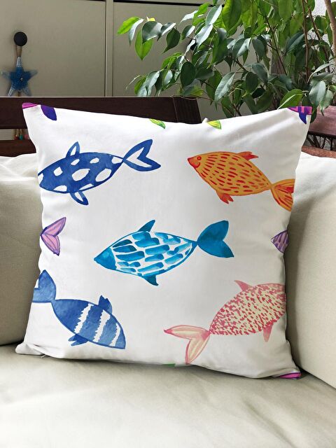Evmila Kadife Doku Çift Taraf Baskılı Balık Desen 43x43 cm Tekli Kırlent Kılıfı - S000021758-23173