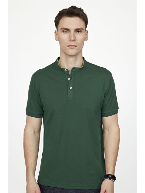 TUDORS Erkek Slim Fit Hakim Yaka Pike Pamuk Yeşil Tişört