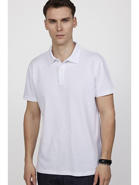 TUDORS Slim Fit Desenli Polo Yaka Erkek Beyaz Tişört