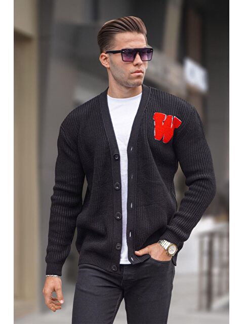 Madmext Siyah Basic Nakışlı Örgülü Hırka T6313 - S000050798-19351