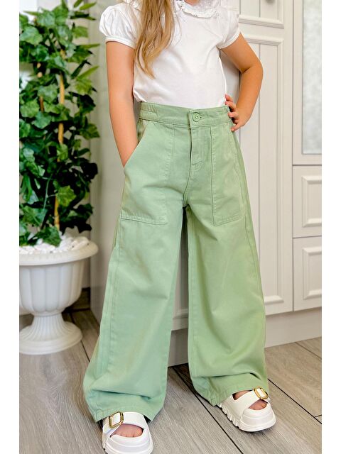 Breeze Kız Çocuk Gabardin Pantolon Geniş Paça Beli Lastikli Mint Yeşili (5-9 Yaş)