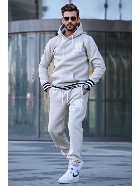 Madmext Bej Baskılı Kapüşonlu Eşofman Takımı 5909 - S000031630-19928