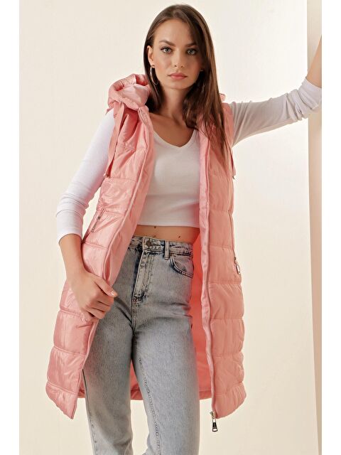 Bigdart 5140 Kapüşonlu Uzun Şişme Yelek - Pembe - S000089397-20024