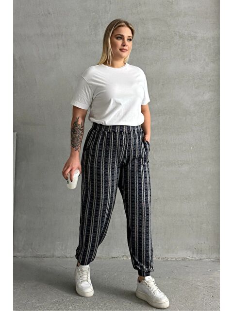 Stil Diva Büyük Beden Beli ve Paçası Lastikli Çizgili Cepli Pantolon 89-71 - S000338100-21164